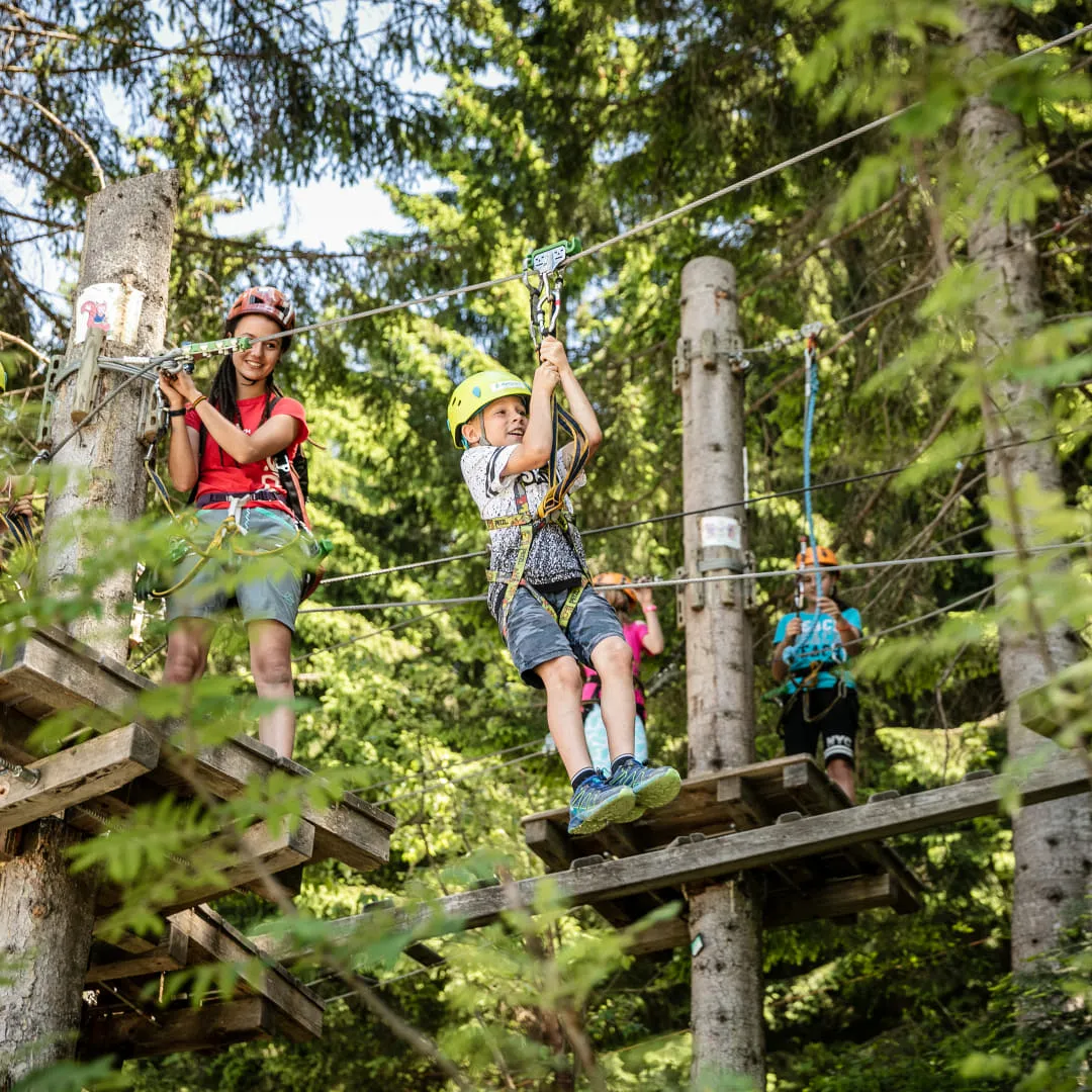 Verschiedene Personen in einem Kletterpark im Wald