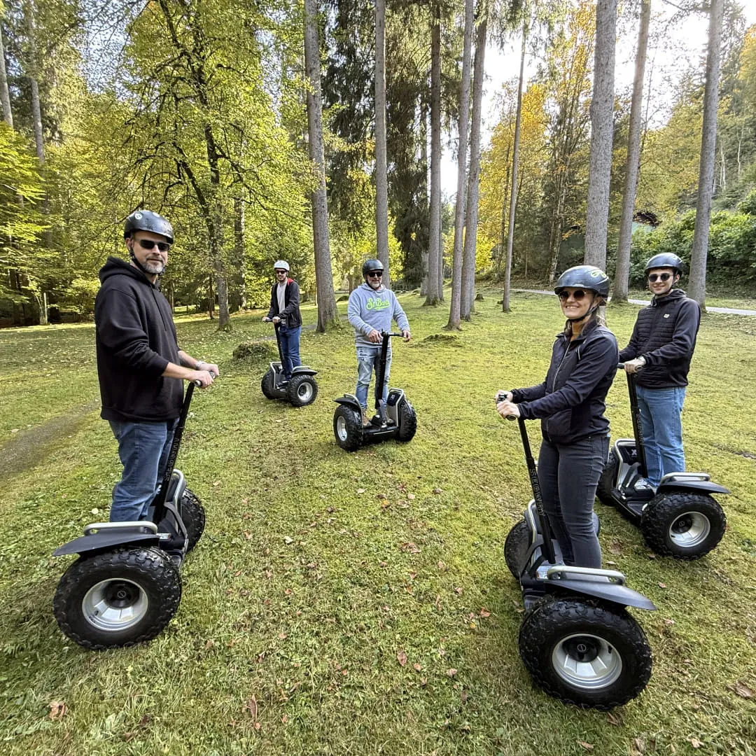 Fünf Personen fahren mit Segways durch einen Waldweg.