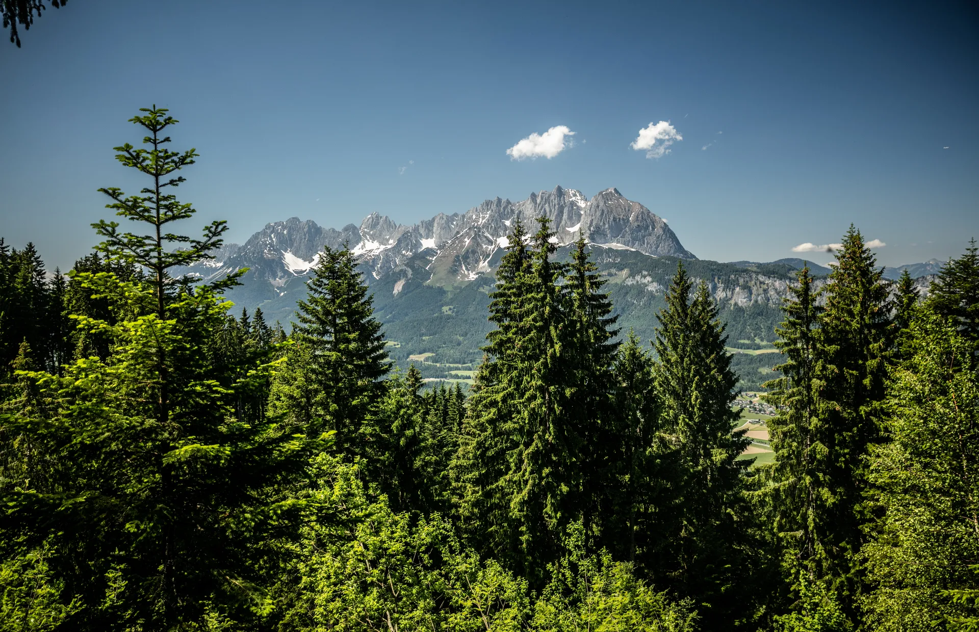 Berglandschaft mit Bäumen und Felsen in St. Johann
